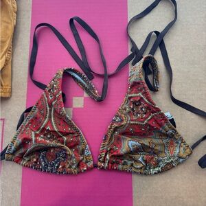 Silky Paisley Triangle Bikini Top in Red and Brown